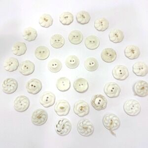 Antique Milk Glass Buttons Mixed Lot Floral Sunburst Victorian White 2Hole 36pc